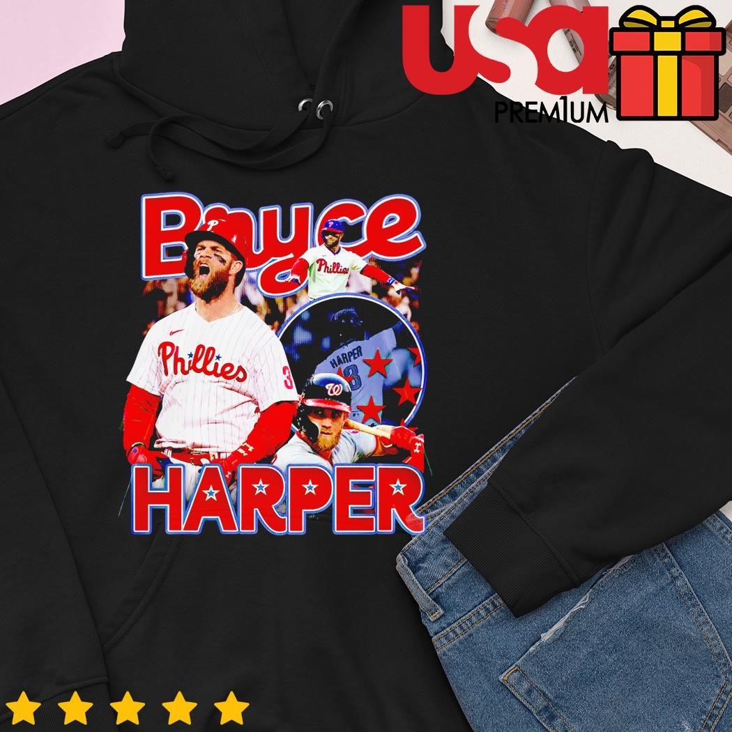 Phillies Bryce Harper Mondo T-Shirt from Homage. | Red | Vintage Apparel from Homage.