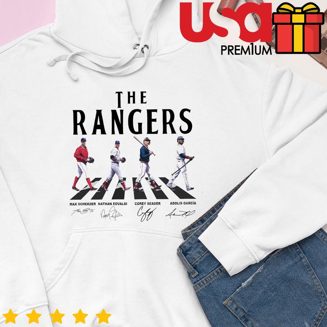 Texas Rangers Shirt Rangers Walking Abbey Road Signatures Shirt Max  Scherzer Corey Seager Adolis García Nathan Eovaldi - Trendingnowe