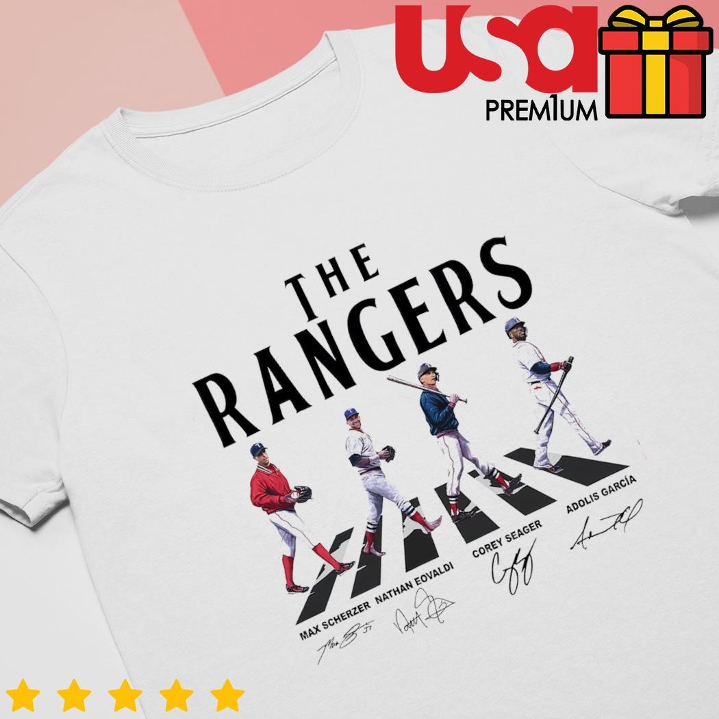 Texas Rangers Shirt Rangers Walking Abbey Road Signatures Shirt Max  Scherzer Corey Seager Adolis García Nathan Eovaldi - Trendingnowe