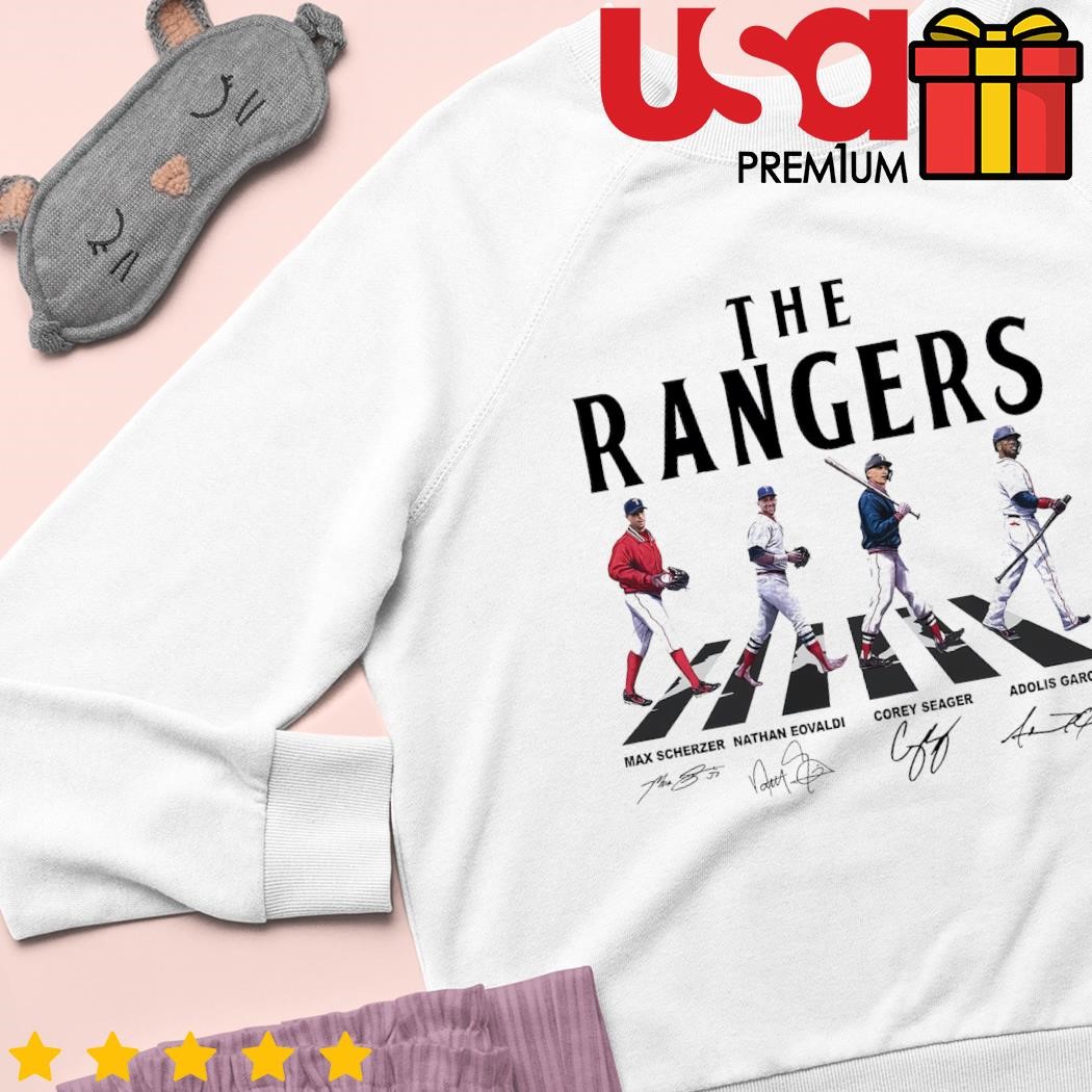 Texas Rangers Shirt Rangers Walking Abbey Road Signatures Shirt Max  Scherzer Corey Seager Adolis García Nathan Eovaldi - Trendingnowe